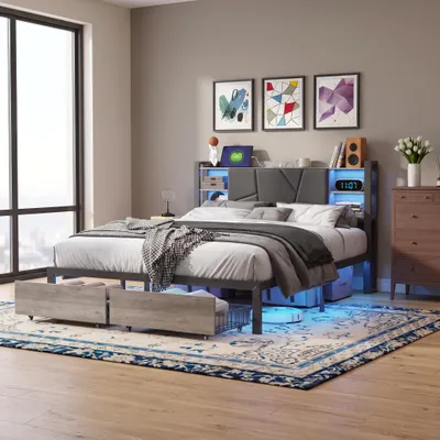 Produktbild von INONEFT Doppelbett 160x200 cm mit Lattenrost, Metallbett mit LED-Beleuchtung und USB, Jugendbett Bettgestell mit Gepolstertes Kopfteil, Schwarz