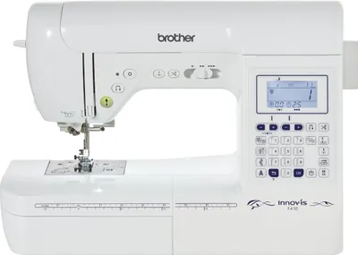 A white Brother Innov-is F410 sewing machine is shown from a front-facing angle against a white background.