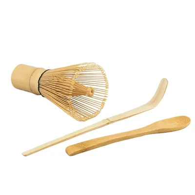 Produktbild von Matcha-Tee-Zubehör-Set aus Bambus: Chasen-Besen + Chashaku-Schöpflöffel + Teelöffel