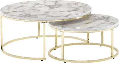 Produktbild von WOHNLING Couchtisch 2er Set Weiß Gold Marmor Optik Sofatisch Rund Modern Couchtische 2-teilig Metall Runde Wohnzimmertische Design Satztische