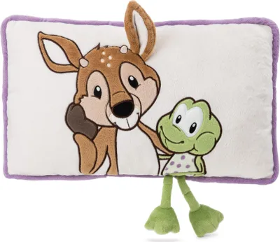 A plush pillow with embroidered characters of a deer and a frog.