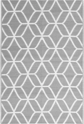 A flat lay of an outdoor rug with a geometric pattern.