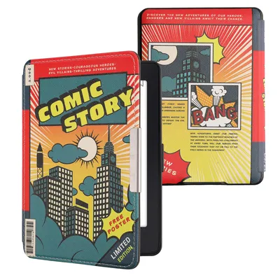 Produktbild von kwmobile Klapphülle kompatibel mit Amazon Kindle Paperwhite Hülle - eReader Case (für Modelle bis 2017) - Comic Story Rot Blau Gelb