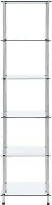 A tall, narrow glass shelf unit with silver metal supports against a white background.