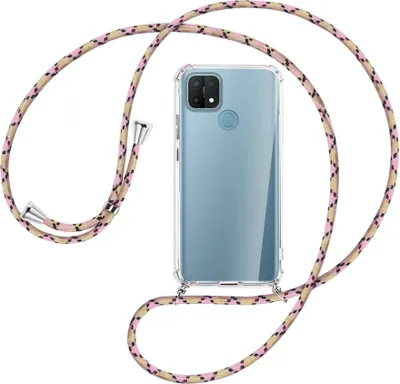 Produktbild von Handykette Backcover-Schutzhülle mit Band (Metall silberfarben) für Oppo A15 - rosa Karo