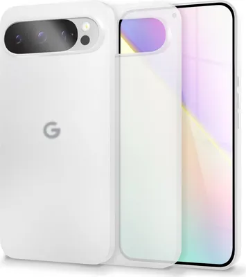 A white Google Pixel 9 Pro XL phone case is shown with the phone inside, viewed from the back and side.