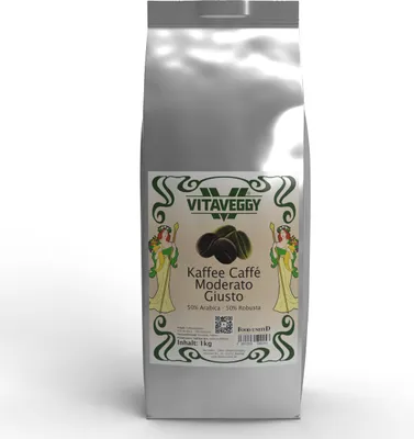 Produktbild von VITAVEGGY MODERATO GIUSTO ganze Arabica & Robusta Kaffeebohnen 2x1KG 50% - 50% Espresso-Blend Mischung, Rohkaffee Südamerika & Südasien, Röstung in Deutschland, von Food-United, für Espresso-Kaffee-Crema Filterkaffee Latte Macchiato Cold Brew Coffee und