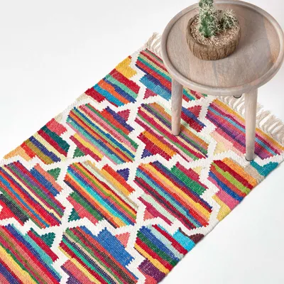 Obrázek produktu pro HOMESCAPES Ručně tkaný kilimový koberec Amsterdam s geometrickým vzorem ze 100% bavlny, barevný, 66 x 200 cm