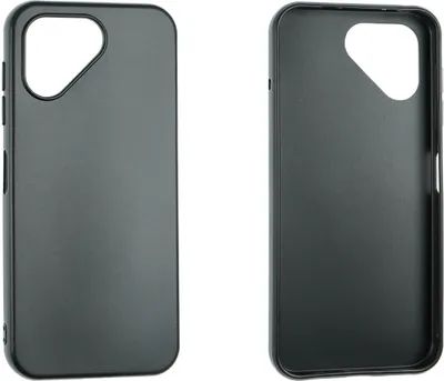 Two views of a black phone case against a white background.