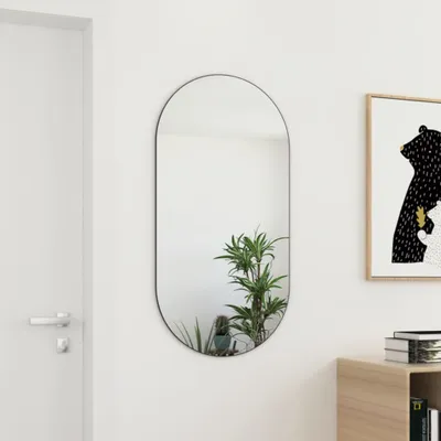 A mirror is hanging on a white wall next to a door and a framed picture. A plant is reflected in the mirror.