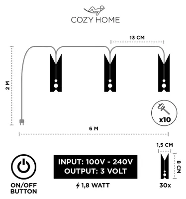 Produktbild von LED Fotoclips Lichterkette 6m 30 Klammern warm-weiß CozyHome Dekoration