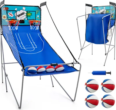 Produktbild von COSTWAY 8 in 1 Basketballautomat, elektrischer Baskeltballständer klappbar, Schießmaschine mit 4 Bällen, Luftpumpe & 8 Spielmodi, Arcade Basketballspiele Kinder für 2 Spieler Blau