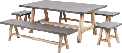 Produktbild von BELIANI Gartenmöbel Set 5-Teilig Grau Faserzement Rechteckiger Tisch 200 x 100 cm 2 Bänke und 2 Hocker mit hellen Holzbeinen Indoor & Outdoor Garten