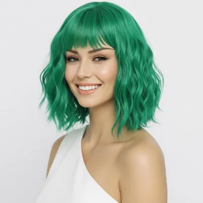Produktbild von Perücke Kurze Grüne Wellen Bob - Perücke mit Pony - Kurze Perücken Damen - Synthetische Fasern - Geeignet für Karneval - Hochwertiges Material - Haarteil