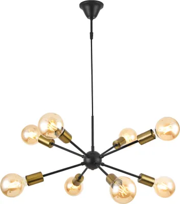 A black and brass sputnik-style chandelier with eight exposed Edison bulbs, photographed against a white background.
