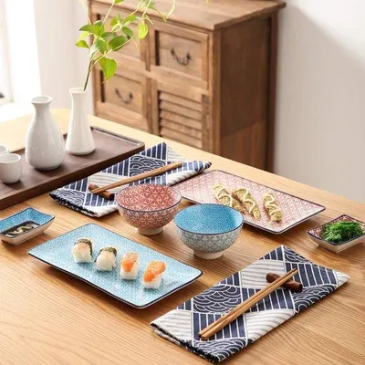 Image de Service à sushi en céramique bleu et rouge, 8 pièces