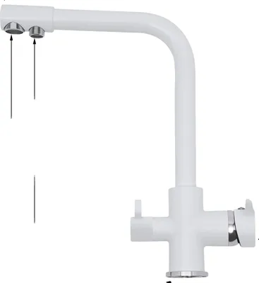 A white kitchen faucet with two handles and a gooseneck spout, shown against a white background.