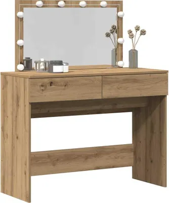 A vanity table with a mirror and lights, decorated with some items.