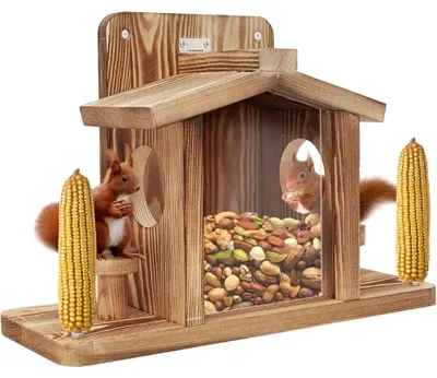 Produktbild von Eichhörnchen-Futterhaus - Futterstation für draußen - 2 Sitzplätze - Transparentes Acrylfenster - Holz - Für Garten und Park