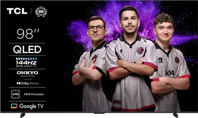 Three men in esports jerseys are standing in front of a purple, smoky background, with text and logos on the left side of the image.