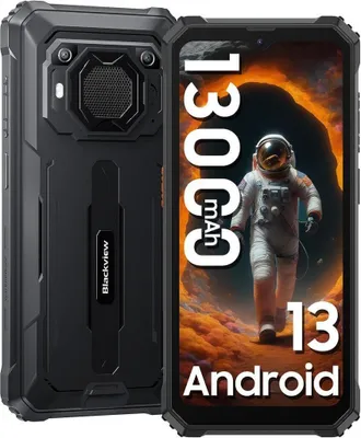A rugged smartphone is shown with a large battery capacity and an astronaut on the screen.