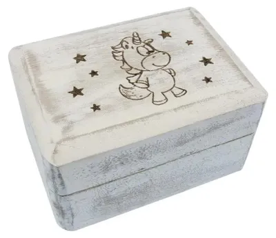 Produktbild von Holzbox weiß mit Einhorn-Gravur klein