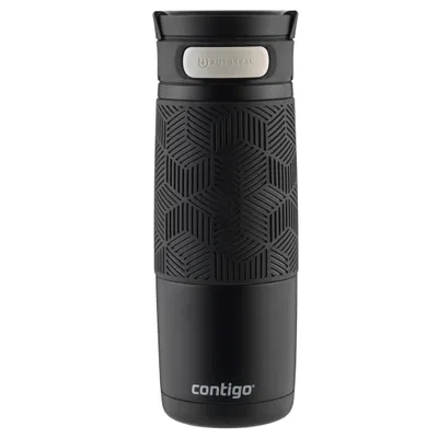 A black Contigo coffee mug with a textured grip and an AutoSeal lid.