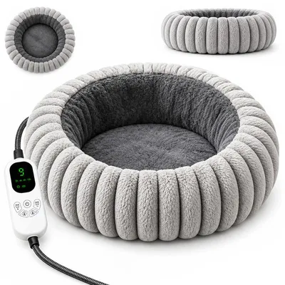 Produktbild von Katzenbett beheizt, elektrisches Wärmebett für Katze und kleine Hunde, kuscheliger Schlafplatz mit Timer, Temperaturregelung, waschbarer Bezug