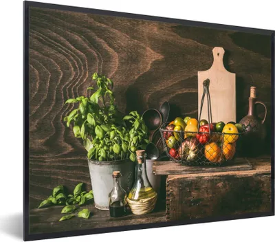 Produktbild von MuchoWow® Gerahmtes Poster Gemüse - Kräuter - Rustikal - Stilleben - Basilikum 80x60 cm - Poster mit Schwarzem Bilderrahmen Wandposter Rahmen Foto Bilder - Schwarzem - Mit Gestell