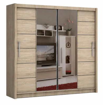 Produktbild von Schwebetürenschrank LISSABON II 203 cm mit Spiegel – Kleiderschrank modern, großer Schrank Schlafzimmer (Sonoma)
