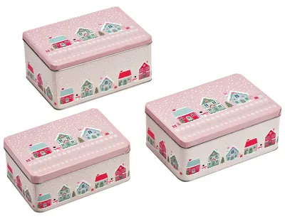 Image de Grandes boîtes à biscuits en métal Village de Noël, lot de 3 roses multicolores