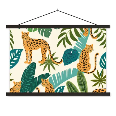 Produktbild von MuchoWow® Textilposter Dschungel - Leopard - Pflanzen - Muster - Mädchen - Jungen 120x80 cm mit schwarzem Rahmen - Wanddeko