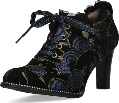 A single black ankle boot with a floral pattern and a high heel, shown from a three-quarter side view against a white background.