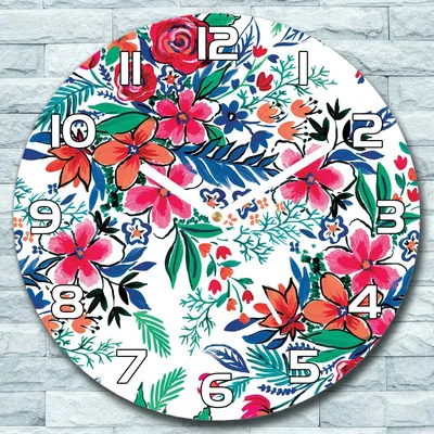 Produktbild von Wanduhr aus Glas Rund fi 30 Bunte Blumen Quarz Deko Schlafzimmer Büro