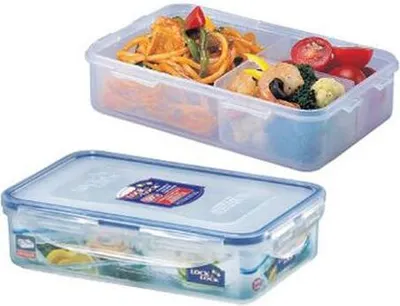 Two transparent food storage containers, one filled with food and the other empty, are shown against a white background.