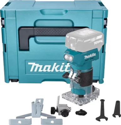 A Makita cordless router and its accessories are displayed in front of its storage case.