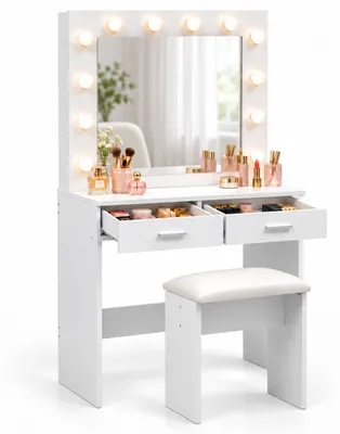 Produktbild von Relaxdays Schminktisch mit Hocker, Hollywood-Spiegel, Beleuchtung, 2 Schubladen, HxBxT: 140x80x40 cm, Frisiertisch, weiß, KI-generiertes Bild
