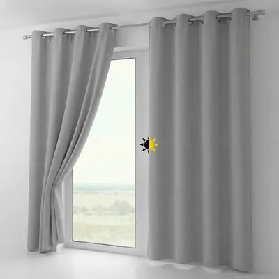 A light gray curtain is shown hanging on a curtain rod in front of a window. The curtain on the left is partially open, revealing the window and a landscape view outside. A sun icon is overlaid on the window.