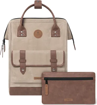 A beige and brown backpack with a brown pouch in front of it, set against a white background.