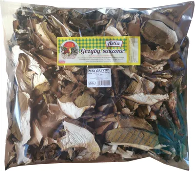 A clear, well-lit image of a bag of dried mushrooms against a white background.