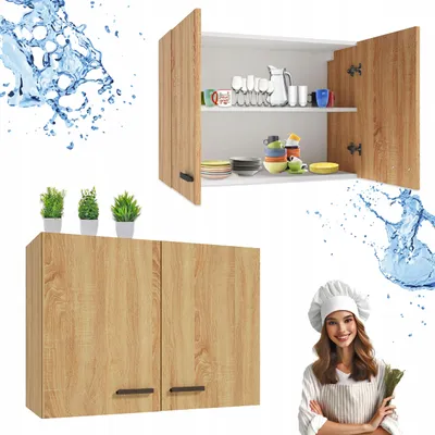 A kitchen cabinet with dishes inside and a chef in the foreground.