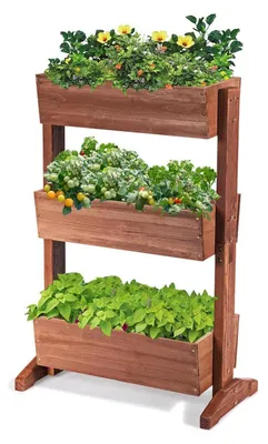Image de Jardin vertical à 3 niveaux, bac à fleurs vertical en bois de pin, jardinière à 3 pots, bacs de plantation pour jardin, balcon, terrasse, 71 x 38 x 105 cm, couleur marron