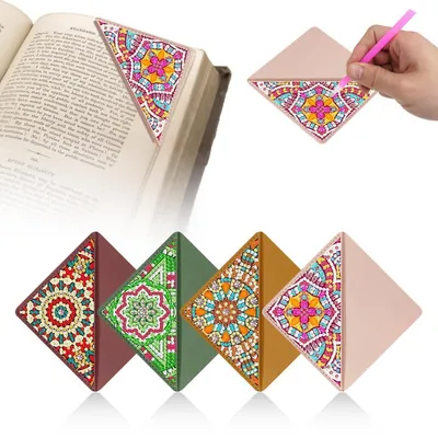 Image de Jeu de marque-pages "Diamond Painting", 4 pièces, en cuir, motif mandala coloré, dimensions : 9,5 x 9,5 cm