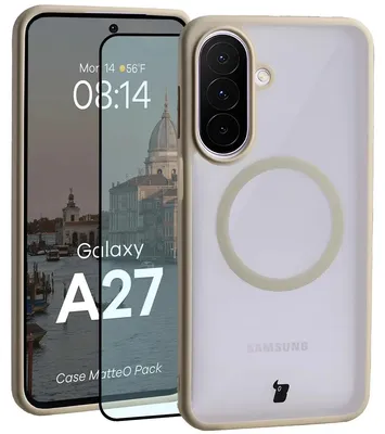 Produktbild von Schutzhülle mit Magnetring + gehärtetem Glas für Galaxy A27 5G, Bizon MatteO Pack, Getönt-Beige