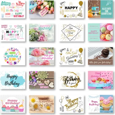 Produktbild von Domelo Geburtstagskarten 20er Set mit Umschlag, Happy Birthday Postkarten, Kraftpapier Karten zum Geburtstag, Geburtstagskarte für Mann/ Frau/ Kinder, Postkarte als Grußkarten