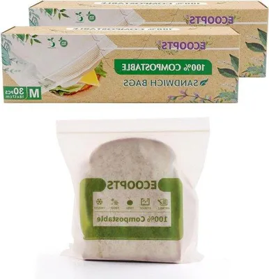 Zdjęcie produktu dla Biodegradowalne woreczki typu sandwich z zamknięciem strunowym – ekologiczne pojemniki na żywność – woreczki do zamrażania – pochodzenia roślinnego – bez BPA – woreczki do przechowywania przekąsek owocowych – zestaw 2 woreczków do zamrażania