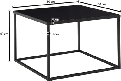 A black square coffee table with dimensions indicated by measurement lines and text.