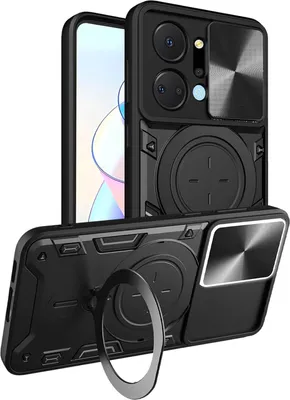 Immagine prodotto di Custodia per Honor X7a a doppio strato con copertura della fotocamera e supporto ad anello nero