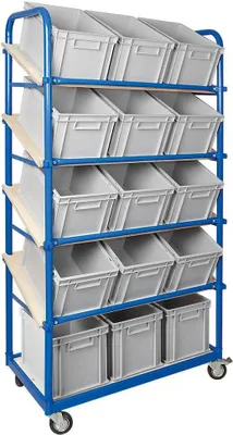 Produktbild von Schrägboden-Regalwagen mit 5 Ebenen, bestückt mit 15 Euroboxen 400x300x235 mm grau