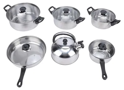 Produktbild von Kochgeschirr-Set aus Edelstahl, Küchentöpfe und Pfannen mit Teekessel, Glasdeckel zum Kochen, Braten, Kochen, Schmoren